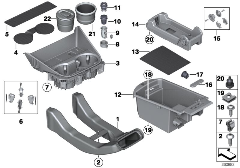Picture board Mounted parts for centre console for the BMW X Series models  Original BMW spare parts from the electronic parts catalog (ETK) for BMW motor vehicles (car)   Air duct rear compartment, Ashtray, Blanking plate 12V, Blind plate, Body nut, Clam