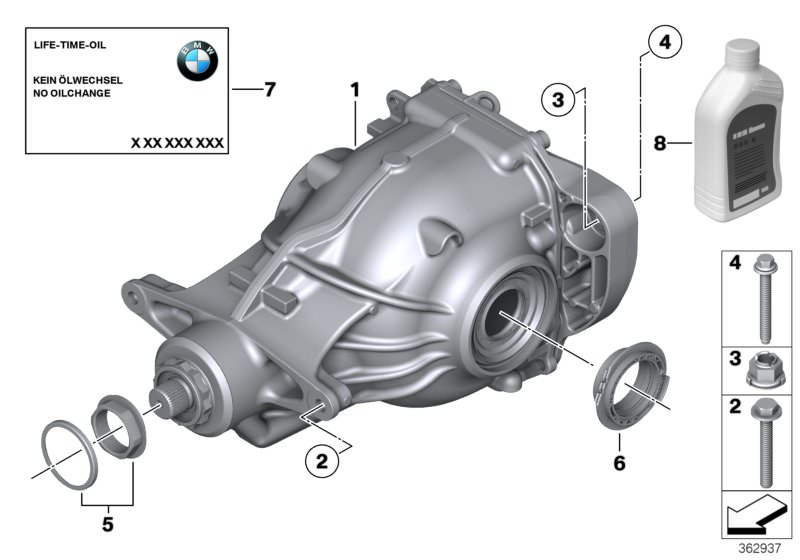 Picture board DIFFERENTIAL-DRIVE/OUTPUT for the BMW 7 Series models  Original BMW spare parts from the electronic parts catalog (ETK) for BMW motor vehicles (car)   Assembly ring, BMW Synthetik OSP, Combination nut, Hex Bolt with washer, Rear-axle-drive, 