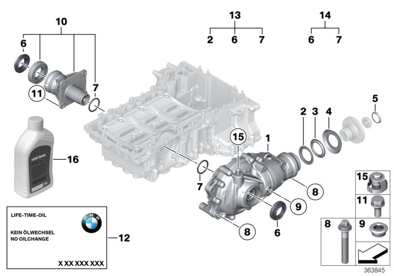 Picture board Front axle diff.sep.comp.all-wh.drive v. for the BMW 5 Series models  Original BMW spare parts from the electronic parts catalog (ETK) for BMW motor vehicles (car)   BMW Synthetik OSP, dustcover plate, large, dustcover plate, small, EXCH-FRO