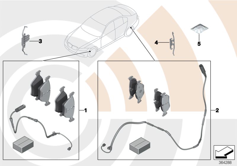 Illustration du Kit service plaquettes frein/Value Line pour les BMW 3 Série Modèles  Pièces de rechange d'origine BMW du catalogue de pièces électroniques (ETK) pour véhicules automobiles BMW (voiture)   Brake-pad paste, Clip, Set, brake pads, with brake