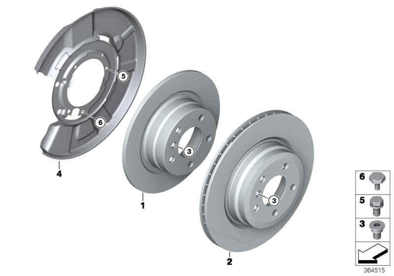 Picture board Rear wheel brake / brake disc for the BMW 3 Series models  Original BMW spare parts from the electronic parts catalog (ETK) for BMW motor vehicles (car)   Brake disc, Brake disc, ventilated, Hex Bolt, Hex Bolt with washer, Inner hex bolt, Pr