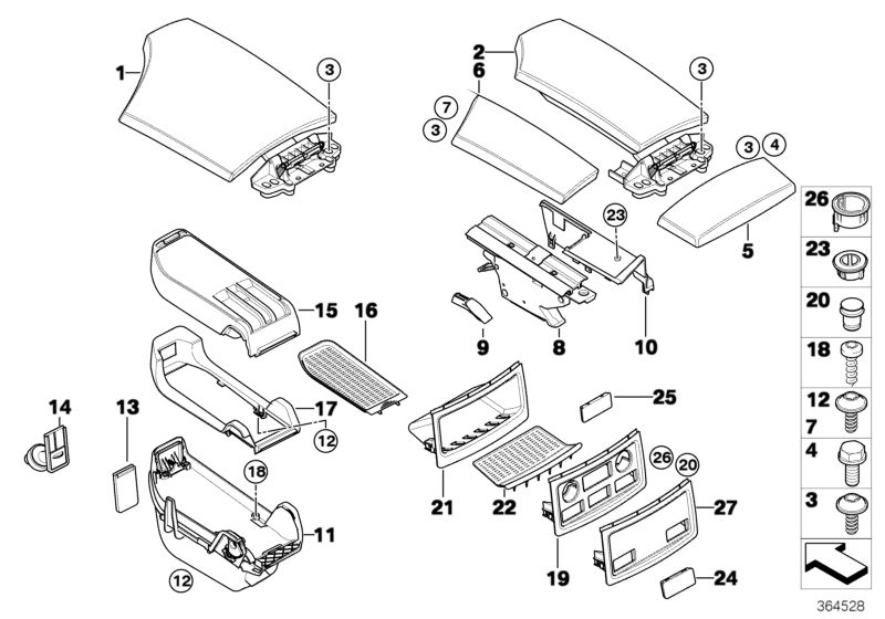 Picture board Centre arm rest, oddments trays for the BMW 5 Series models  Original BMW spare parts from the electronic parts catalog (ETK) for BMW motor vehicles (car)   Adapter, Adjuster unit, Blind plate, Blind plug, centre armrest, Center armrest tray