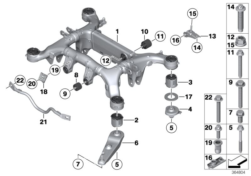 Picture board REAR AXLE CARRIER for the BMW 5 Series models  Original BMW spare parts from the electronic parts catalog (ETK) for BMW motor vehicles (car)   Blind rivet nut, flat headed, Bracket, right, CAGE NUT, Combination nut, Compression strut, front 