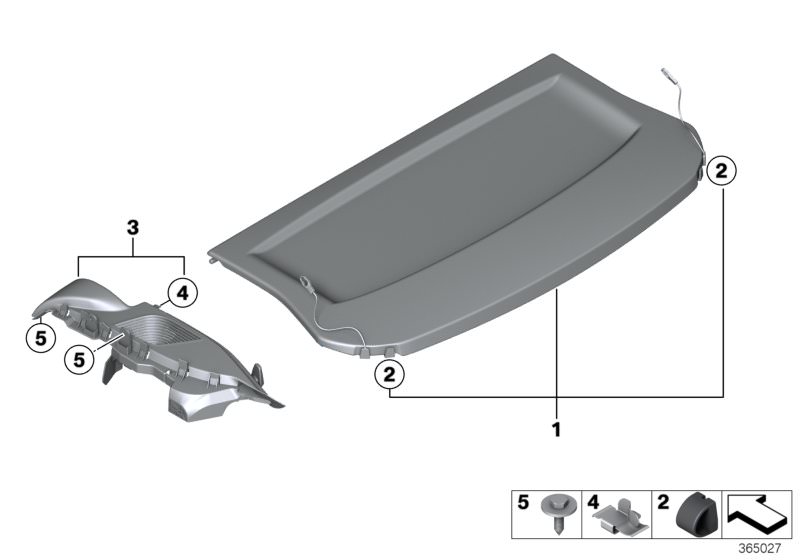 Picture board REAR WINDOW SHELF for the BMW 1 Series models  Original BMW spare parts from the electronic parts catalog (ETK) for BMW motor vehicles (car)   Hex head screw with washer, REAR WINDOW SHELF, Retainer, right, Rubber buffer, Support, rear windo