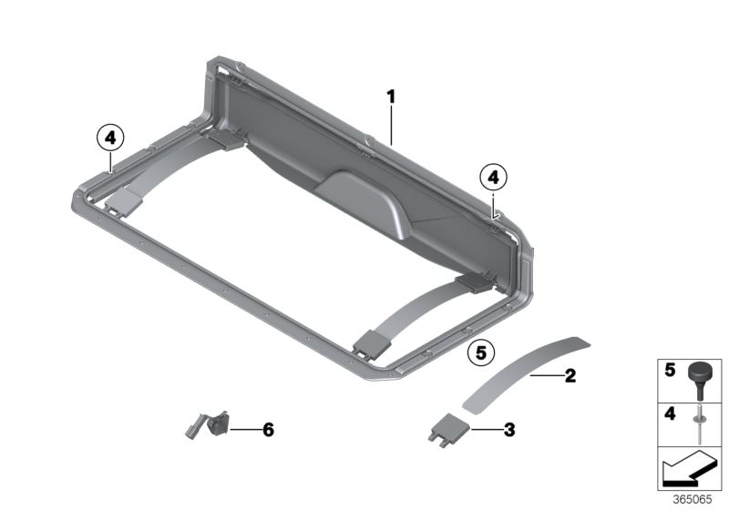 Picture board Soft top, soft top compartment for the BMW 6 Series models  Original BMW spare parts from the electronic parts catalog (ETK) for BMW motor vehicles (car)   Blind rivet, Folding top compartment, Hinge, Microswitch, Spring, brake caliper, Stop