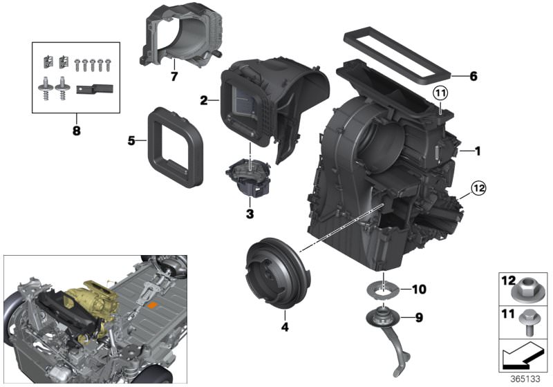 Picture board Housing parts, heater and air condit. for the BMW X Series models  Original BMW spare parts from the electronic parts catalog (ETK) for BMW motor vehicles (car)   Acoustic cover, Condensation-water drain, Empty housing for heater/air condit.