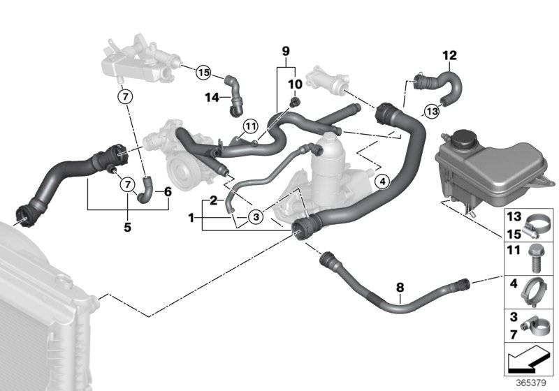 Illustration du Flexibles système de refroidissement pour les BMW 5 Série Modèles  Pièces de rechange d'origine BMW du catalogue de pièces électroniques (ETK) pour véhicules automobiles BMW (voiture)   Collar screw, Coolant hose, Hose clamp, Hose, branch-