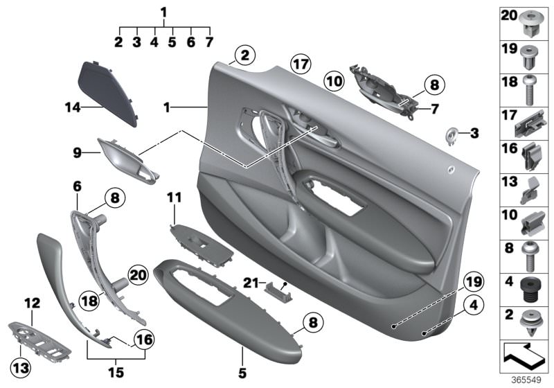 Picture board Door trim panel, front for the BMW 1 Series models  Original BMW spare parts from the electronic parts catalog (ETK) for BMW motor vehicles (car)   Armrest, front right, Clamp, Clamp / cable fastener, Clip with washer, natur, Cover, door ope