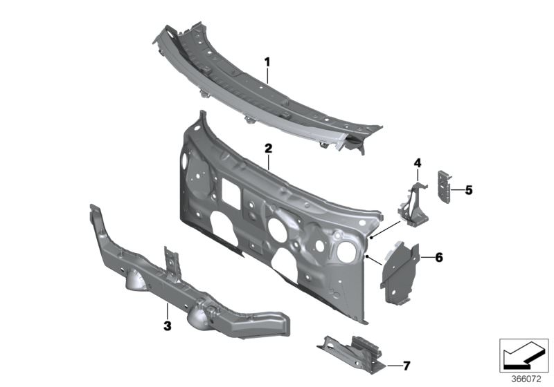 Picture board Splash wall parts for the BMW X Series models  Original BMW spare parts from the electronic parts catalog (ETK) for BMW motor vehicles (car)   Bulkhead, top section, Connection pcs,wheel house/entrance,rght, Mount, supporting tube, right, Re