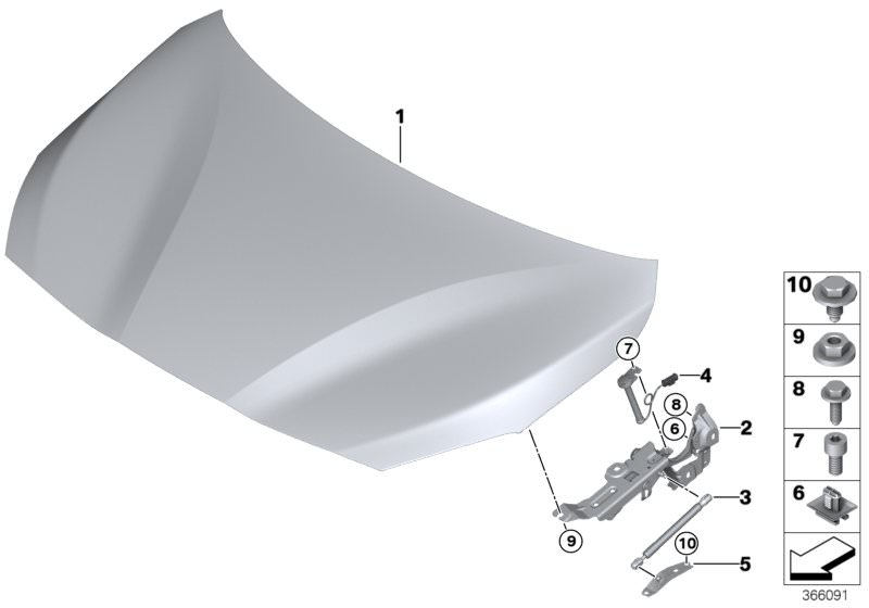 Picture board ENGINE HOOD/MOUNTING PARTS for the BMW 2 Series models  Original BMW spare parts from the electronic parts catalog (ETK) for BMW motor vehicles (car)   Actuator, right, Bracket for gas spring, left, Gas-filled strut, engine-compartment lid, 