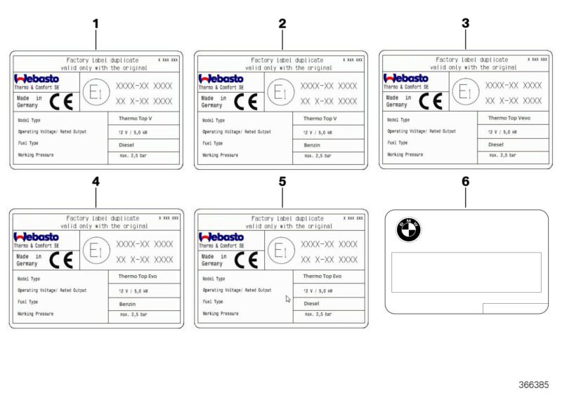 Picture board Labels independent heating for the BMW 6 Series models  Original BMW spare parts from the electronic parts catalog (ETK) for BMW motor vehicles (car)   Duplicate information label, diesel fuel, Duplicate information label, petrol, Tank infor