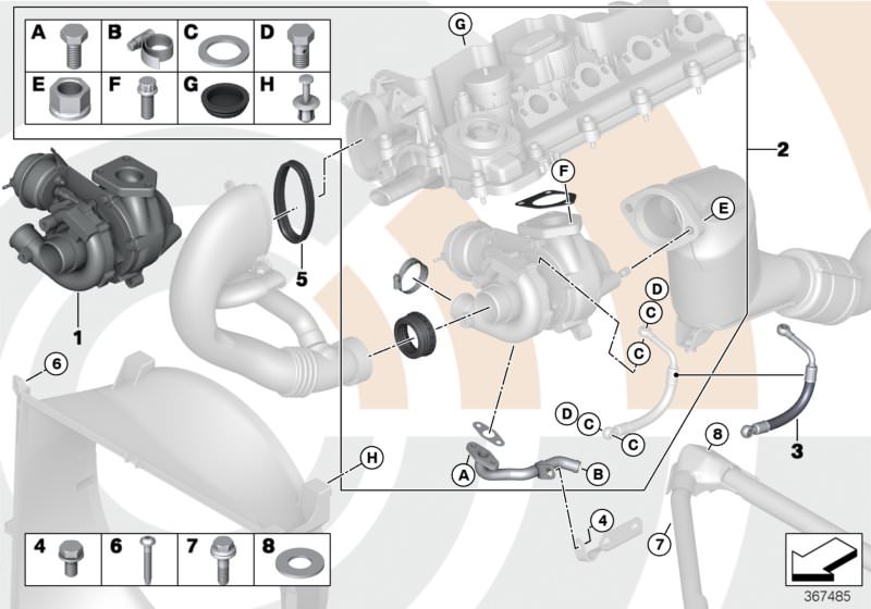 Picture board Turbocharger and install. kit Value Line for the BMW 5 Series models  Original BMW spare parts from the electronic parts catalog (ETK) for BMW motor vehicles (car)   Circlip, EXCH-TURBO CHARGER, Gasket ring, Hex Bolt with washer, Hexagon scr
