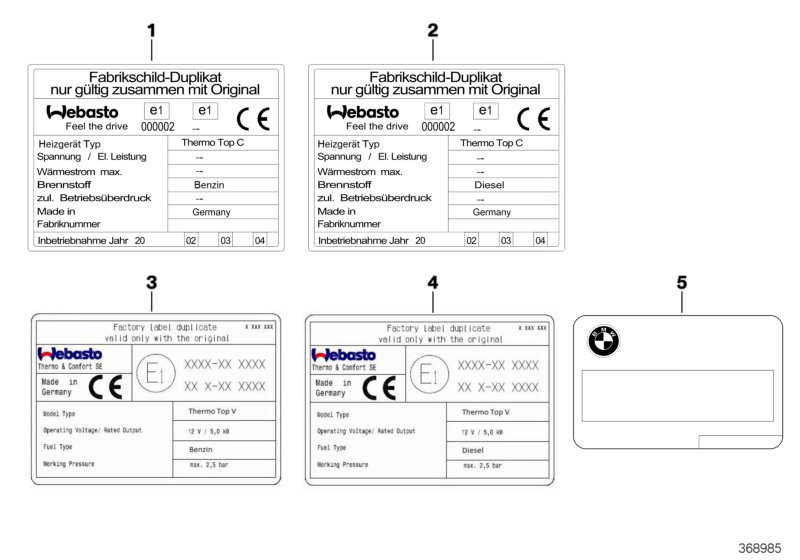 Picture board Labels independent heating for the BMW X Series models  Original BMW spare parts from the electronic parts catalog (ETK) for BMW motor vehicles (car)   Duplicate information label, diesel fuel, Duplicate information label, petrol, Duplicate 