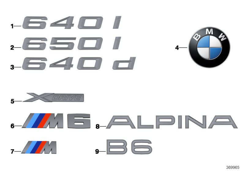 Illustration du Emblèmes / plaques pour les BMW 6 Série Modèles  Pièces de rechange d'origine BMW du catalogue de pièces électroniques (ETK) pour véhicules automobiles BMW (voiture)   Emblem, Lettering, Plaque