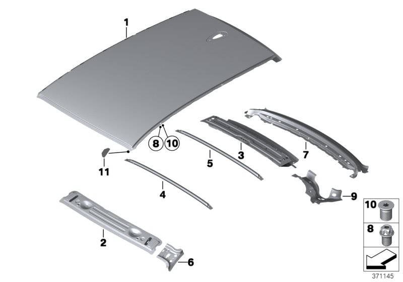 Picture board Roof for the BMW 4 Series models  Original BMW spare parts from the electronic parts catalog (ETK) for BMW motor vehicles (car)   Privacy film, Rear roof bow, Rear window frame bottom part, Rear window frame upper part, Reinforcement,rear wi