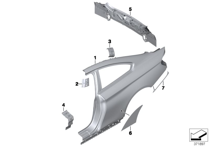 Picture board SIDE PANEL/TAIL TRIM for the BMW 4 Series models  Original BMW spare parts from the electronic parts catalog (ETK) for BMW motor vehicles (car)   LEFT REAR SIDE PANEL, Protective film, wheel arch, right, Reinforcement plate, B-pillar, left, 
