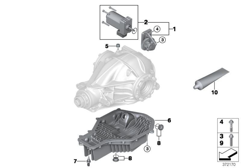Bildtafel Hinterachsgetriebe Stellmotor / Ölwanne für die BMW 4er Modelle  Original BMW Ersatzteile aus dem elektronischen Teilekatalog (ETK) für BMW Kraftfahrzeuge( Auto)    ASA-Schraube, ASA-Schraube mit Feder, Entlüftungskappe, Flüssigdichtung Loctite 