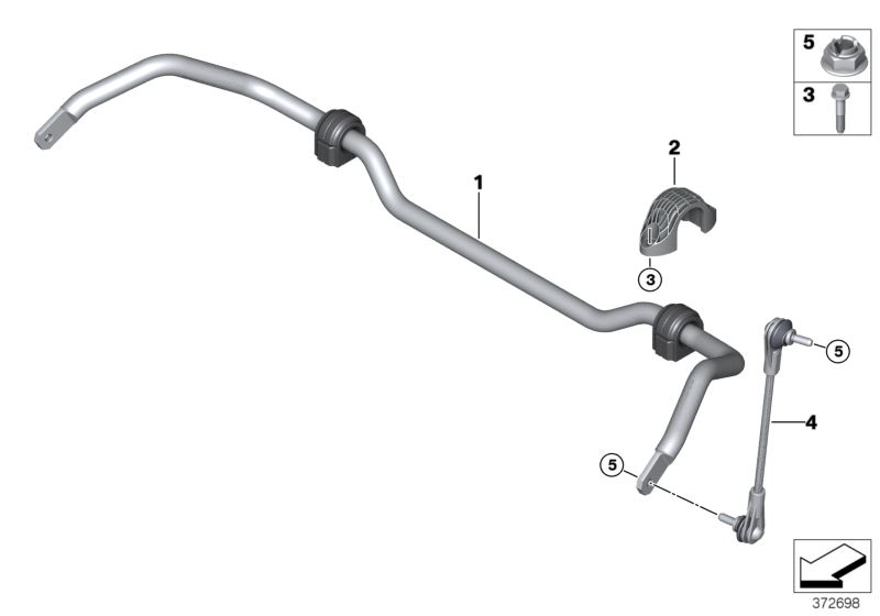 Picture board Stabilizer, front for the BMW 2 Series models  Original BMW spare parts from the electronic parts catalog (ETK) for BMW motor vehicles (car)   Front swing support, Hex Bolt, Hexagon nut with collar, Stabilizer front with rubber mounting, Sta