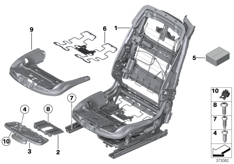 Picture board Seat, front, seat frame for the BMW 6 Series models  Original BMW spare parts from the electronic parts catalog (ETK) for BMW motor vehicles (car)   Attachment set, seat frame, Carrier thigh support, Clip, thigh support, Connection element f