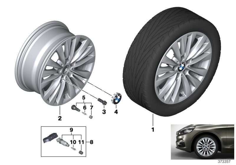Picture board BMW LA wheel, multi-spoke 475 - 16´´ for the BMW 2 Series models  Original BMW spare parts from the electronic parts catalog (ETK) for BMW motor vehicles (car)   Hub cap with chrome edge, Light alloy disc wheel Reflexsilber, Repair kit, scre