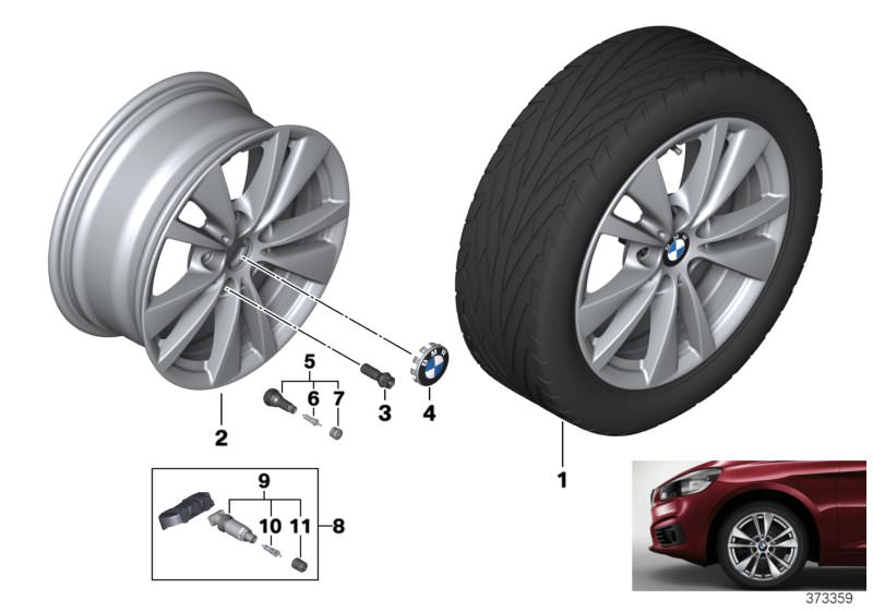 Picture board BMW LA wheel, double spoke 476 - 16´´ for the BMW 2 Series models  Original BMW spare parts from the electronic parts catalog (ETK) for BMW motor vehicles (car)   Hub cap with chrome edge, Light alloy disc wheel Reflexsilber, Repair kit, scr