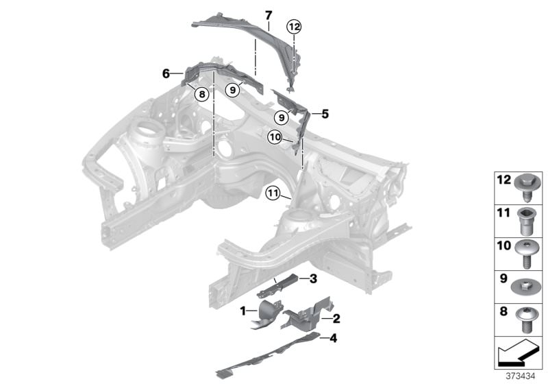 Picture board Mounting parts, engine compartment for the BMW 3 Series models  Original BMW spare parts from the electronic parts catalog (ETK) for BMW motor vehicles (car)   Adapter, cover,steering assemblies,right, Blind rivet nut, flat headed, Body nut,