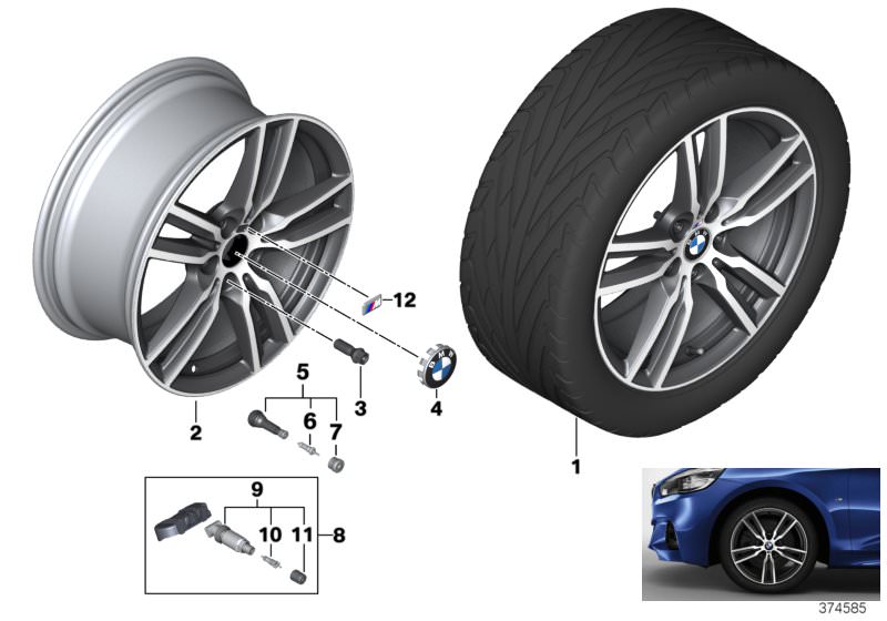 Picture board BMW LA wheel, M double spoke 486M - 18´´ for the BMW 2 Series models  Original BMW spare parts from the electronic parts catalog (ETK) for BMW motor vehicles (car)   Hub cap with chrome edge, Light alloy rim Ferricgrey, M badge, Repair kit, 