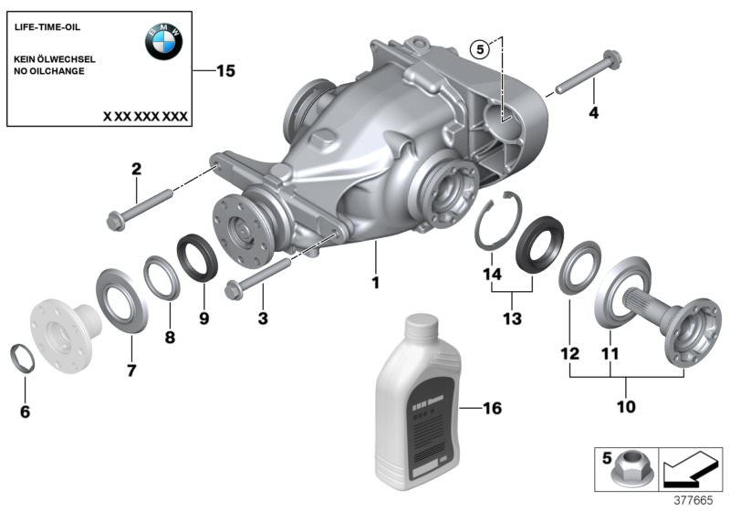 Picture board DIFFERENTIAL-DRIVE/OUTPUT for the BMW 3 Series models  Original BMW spare parts from the electronic parts catalog (ETK) for BMW motor vehicles (car)   Collar screw, Combination nut, Drive flange output, Dust plate, inner, Dust plate, outer, 