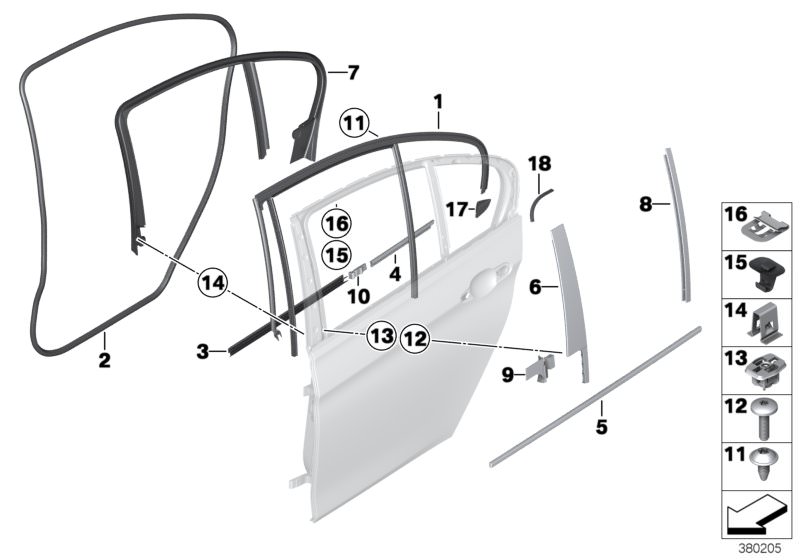 Picture board Trims and seals, door, rear for the BMW 3 Series models  Original BMW spare parts from the electronic parts catalog (ETK) for BMW motor vehicles (car)   Channel seal, outer, door, rear left, Clamp, Clip, cover for column B, Cover, window fra
