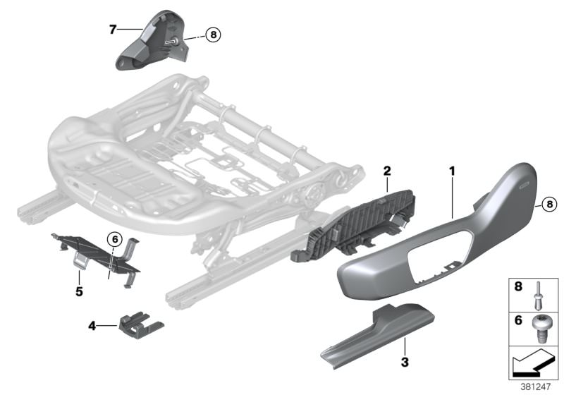 Picture board Seat, front, seat panels, electrical for the BMW 2 Series models  Original BMW spare parts from the electronic parts catalog (ETK) for BMW motor vehicles (car)   Bracket, control unit, Cover, left control, Covering cap, seat rail, Covering s