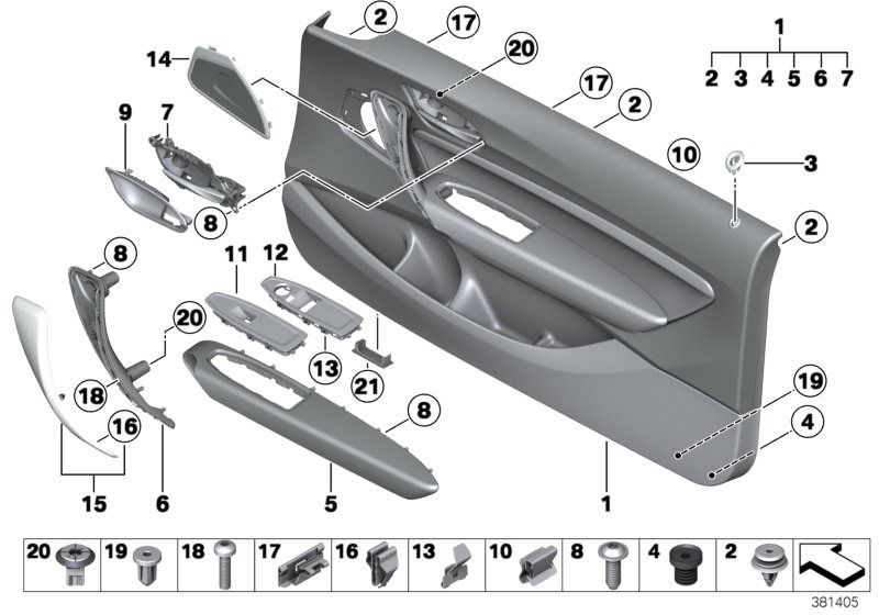 Picture board Door trim panel for the BMW 1 Series models  Original BMW spare parts from the electronic parts catalog (ETK) for BMW motor vehicles (car)   Armrest, front right, Clamp, Clamp / cable fastener, Clip with washer, natur, Cover, door opener, in