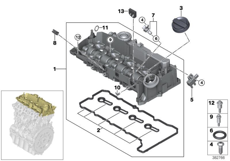 Picture board Cylinder head cover for the BMW X Series models  Original BMW spare parts from the electronic parts catalog (ETK) for BMW motor vehicles (car)   ASA-Bolt, Camshaft sensor, Cylinder head cover, Decoupling element, Differential pressure sensor