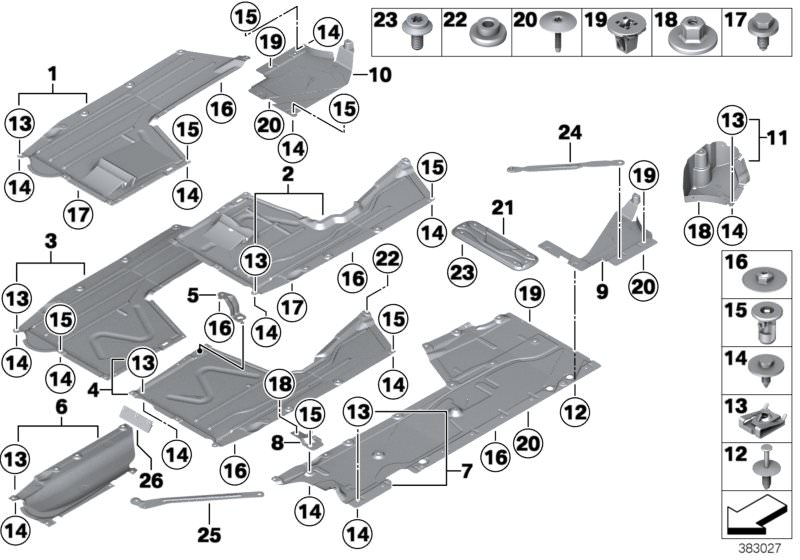 Picture board Underfloor coating for the BMW 1 Series models  Original BMW spare parts from the electronic parts catalog (ETK) for BMW motor vehicles (car)   Body nut, Bracket underfloor panelling, left, Bracket underfloor panelling,centre frnt, C-clip nu