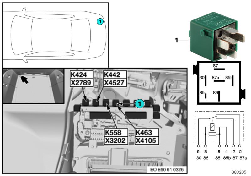 Picture board Relay, radio signal / horn K463 for the BMW 5 Series models  Original BMW spare parts from the electronic parts catalog (ETK) for BMW motor vehicles (car)   Relay, change-over contact, pine green