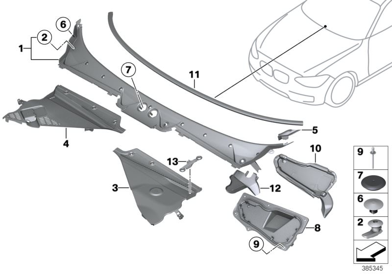 Picture board Trim panel, cowl panel, exterior for the BMW 1 Series models  Original BMW spare parts from the electronic parts catalog (ETK) for BMW motor vehicles (car)   Blind rivet, Clip, Cover, cowl panel, part 1, Cover, cowl panel, part 2, Cover, uni