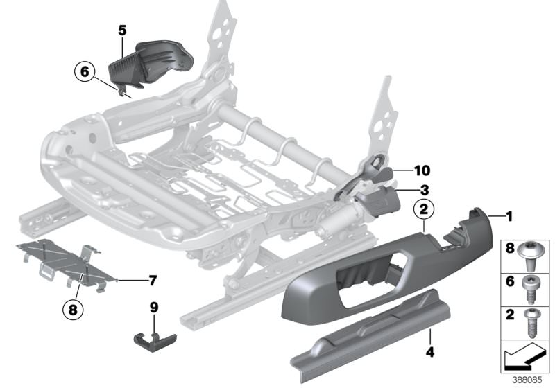 Picture board Seat, front, seat panels, electrical for the BMW 3 Series models  Original BMW spare parts from the electronic parts catalog (ETK) for BMW motor vehicles (car)   Bracket control unit right, Cover, belt catch right, Covering seat rail right, 