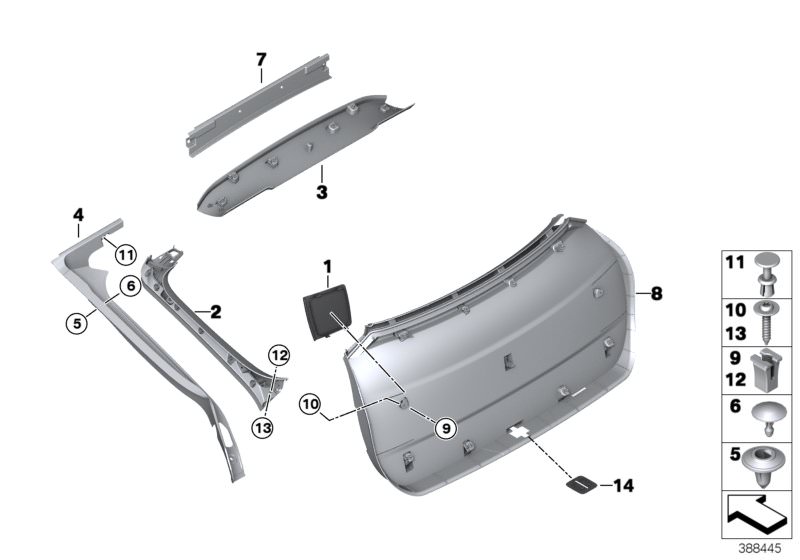 Picture board Trim panel, trunk lid for the BMW X Series models  Original BMW spare parts from the electronic parts catalog (ETK) for BMW motor vehicles (car)   Clip, bottom part, Clip, upper part, Cover left, Cover, catch bracket, Expanding nut, Expandin