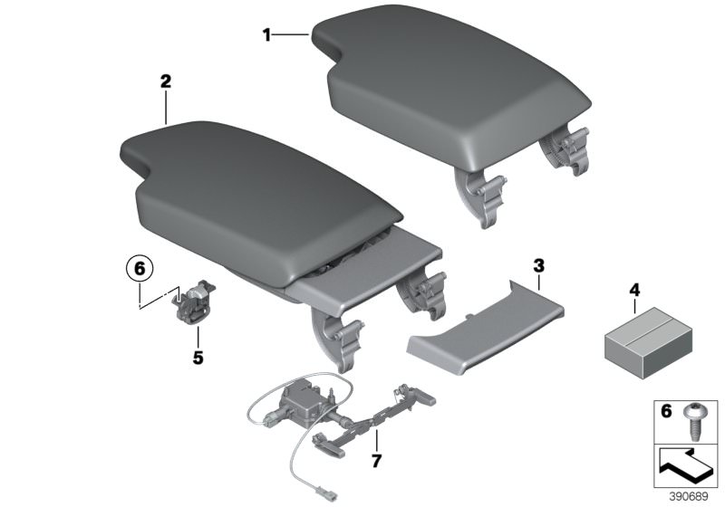 Picture board Armrest, centre console for the BMW 4 Series models  Original BMW spare parts from the electronic parts catalog (ETK) for BMW motor vehicles (car)   Armrest, leather, front middle, Centre arm rest lock, Cover, leather, Fillister head screw, 