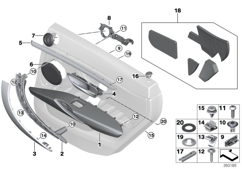 Picture board Mounting parts, door trim, rear for the BMW 4 Series models  Original BMW spare parts from the electronic parts catalog (ETK) for BMW motor vehicles (car)   Accent strip, rear right, Acoustic mat, door trim panel, rear left, Adapter, right, 