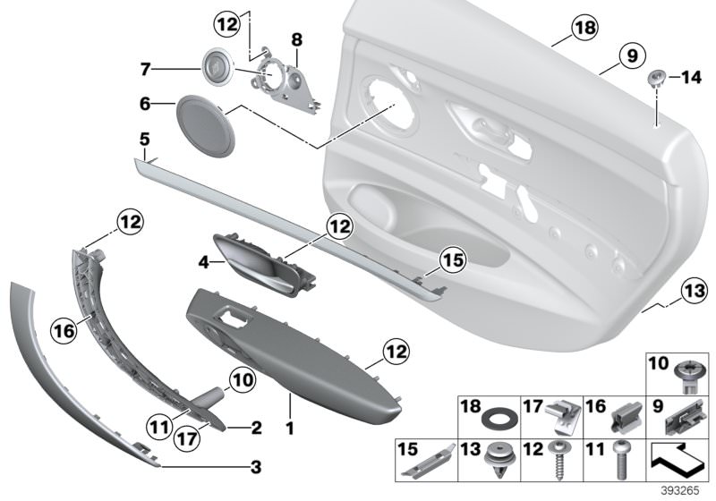 Picture board Mounting parts, door trim, rear for the BMW 3 Series models  Original BMW spare parts from the electronic parts catalog (ETK) for BMW motor vehicles (car)   Accent strip, rear right, Adapter, right, Armrest, leather, rear left, Carrier, door
