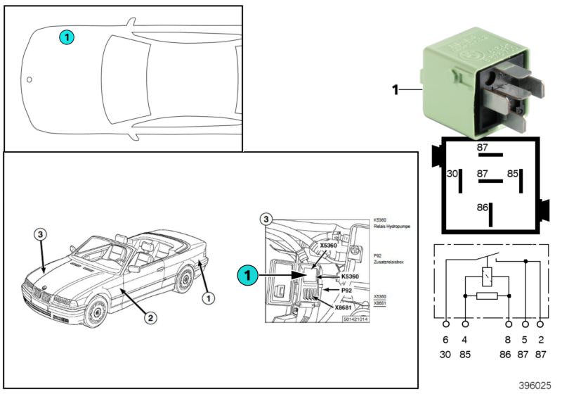 Illustration du Relais de la pompe hydraulique K5360 pour les BMW Classic parts  Pièces de rechange d'origine BMW du catalogue de pièces électroniques (ETK) pour véhicules automobiles BMW (voiture)   Relay, make contact, white green