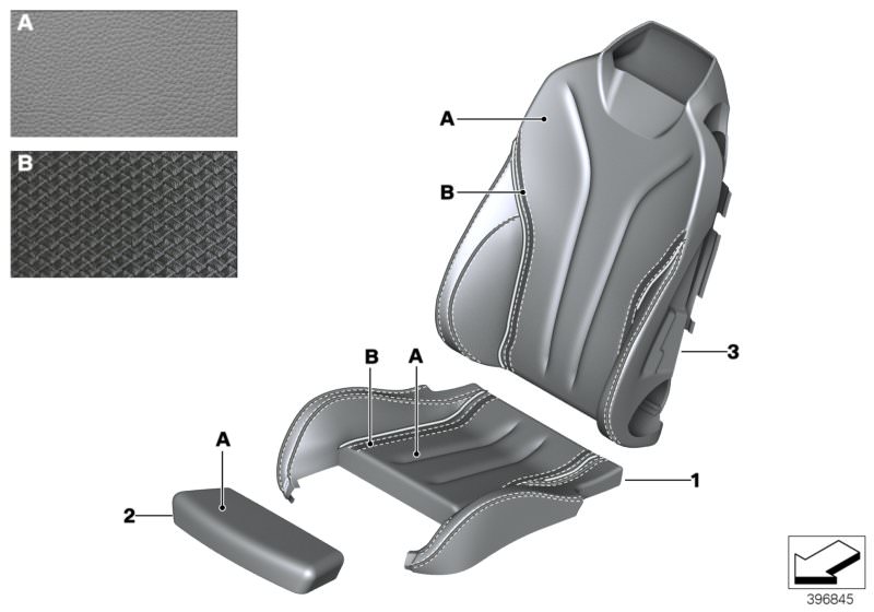 Picture board Individual sports seat cover, front for the BMW 4 Series models  Original BMW spare parts from the electronic parts catalog (ETK) for BMW motor vehicles (car)   COVER THIGH SUPPORT, Leather cover sport backrest right, Sports seat cover leath