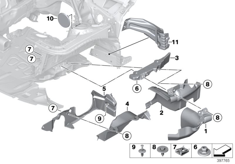 Picture board Mounting parts, engine compartment for the BMW 3 Series models  Original BMW spare parts from the electronic parts catalog (ETK) for BMW motor vehicles (car)   C-clip nut, Cover, steering assemblies, front left, Cover, steering assemblies, r