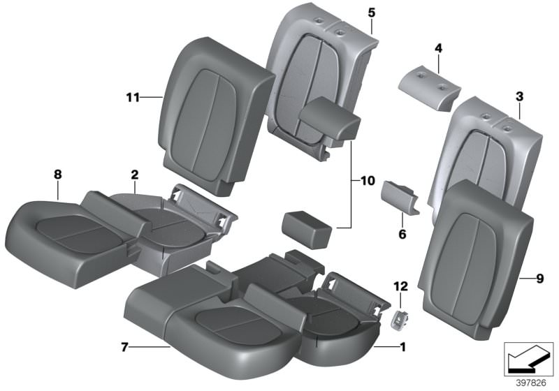 Picture board Seat, rear, cushion and cover for the BMW 2 Series models  Original BMW spare parts from the electronic parts catalog (ETK) for BMW motor vehicles (car)   Cover backrest, leather, left, Cover Isofix, Cover, backrest, cloth/imit. leather, Cov