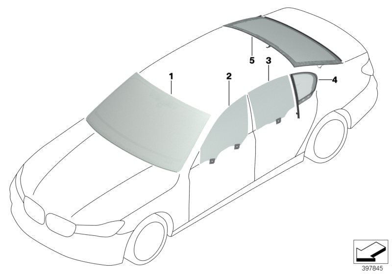 Picture board Glazing for the BMW 7 Series models  Original BMW spare parts from the electronic parts catalog (ETK) for BMW motor vehicles (car)   Rear window green, Side window glass, door, front right, Side window, door, rear right, Side window, fixed, 