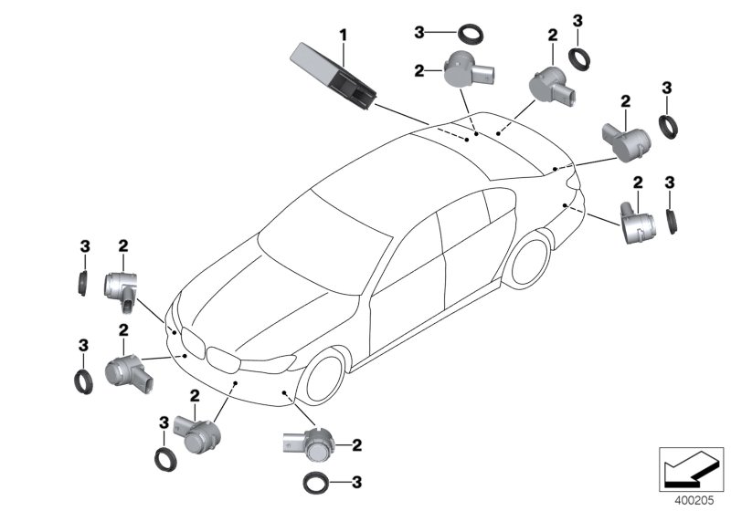 Illustration du Système d`aide au stationnement (PDC) pour les BMW 7 Série Modèles  Pièces de rechange d'origine BMW du catalogue de pièces électroniques (ETK) pour véhicules automobiles BMW (voiture)   Control unit, Park Distance Control, Decoupling ring