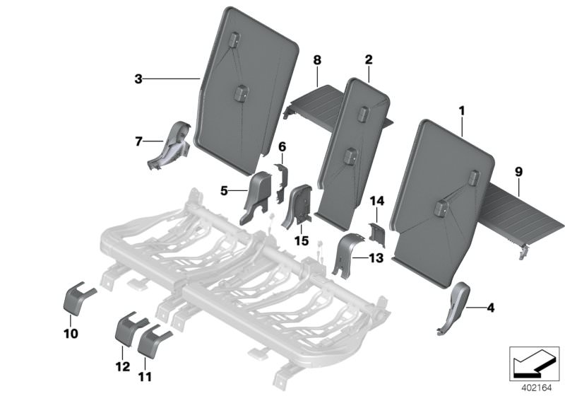 Picture board Seat, rear, seat trims for the BMW 2 Series models  Original BMW spare parts from the electronic parts catalog (ETK) for BMW motor vehicles (car)   Cover for seat rail, Slot cover, left, Slot cover, right, Trim backrest, left, Trim backrest,