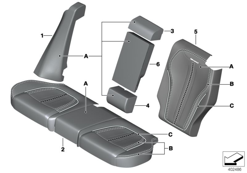 Picture board Individual cover, leather comfort seat for the BMW X Series models  Original BMW spare parts from the electronic parts catalog (ETK) for BMW motor vehicles (car)   Armrest, leather, rear middle, Cover backrest leather rear left, Cover, backr