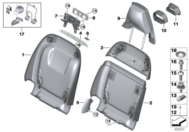 Picture board Set, front, backrest trims for the BMW X Series models  Original BMW spare parts from the electronic parts catalog (ETK) for BMW motor vehicles (car)   Axial securing clip, Blind rivet, Clamp, Expanding rivet, Fillister head screw, Head rest