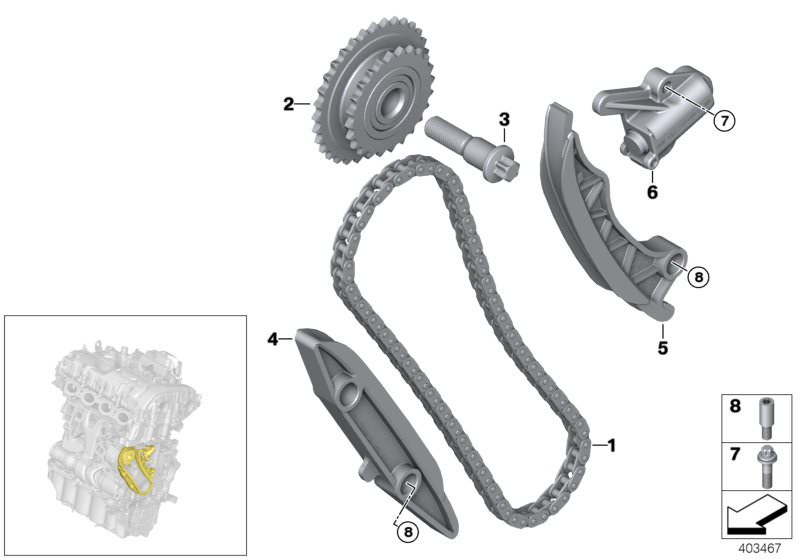 Picture board Timing - Timing Chain Lower P for the BMW 6 Series models  Original BMW spare parts from the electronic parts catalog (ETK) for BMW motor vehicles (car)   ASA-Bolt, Bearing bolt, Bearing screw, Chain, Chain tensioner, Guide rail, Sprocket